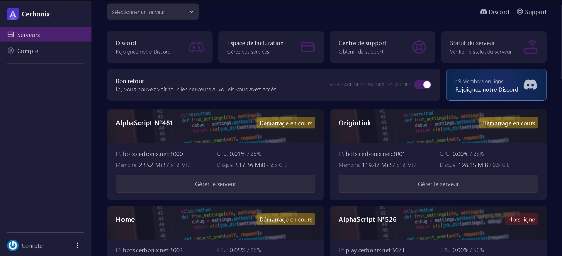 Hébergement Pterodactyl (Gaming, Bots Discord & Développement)